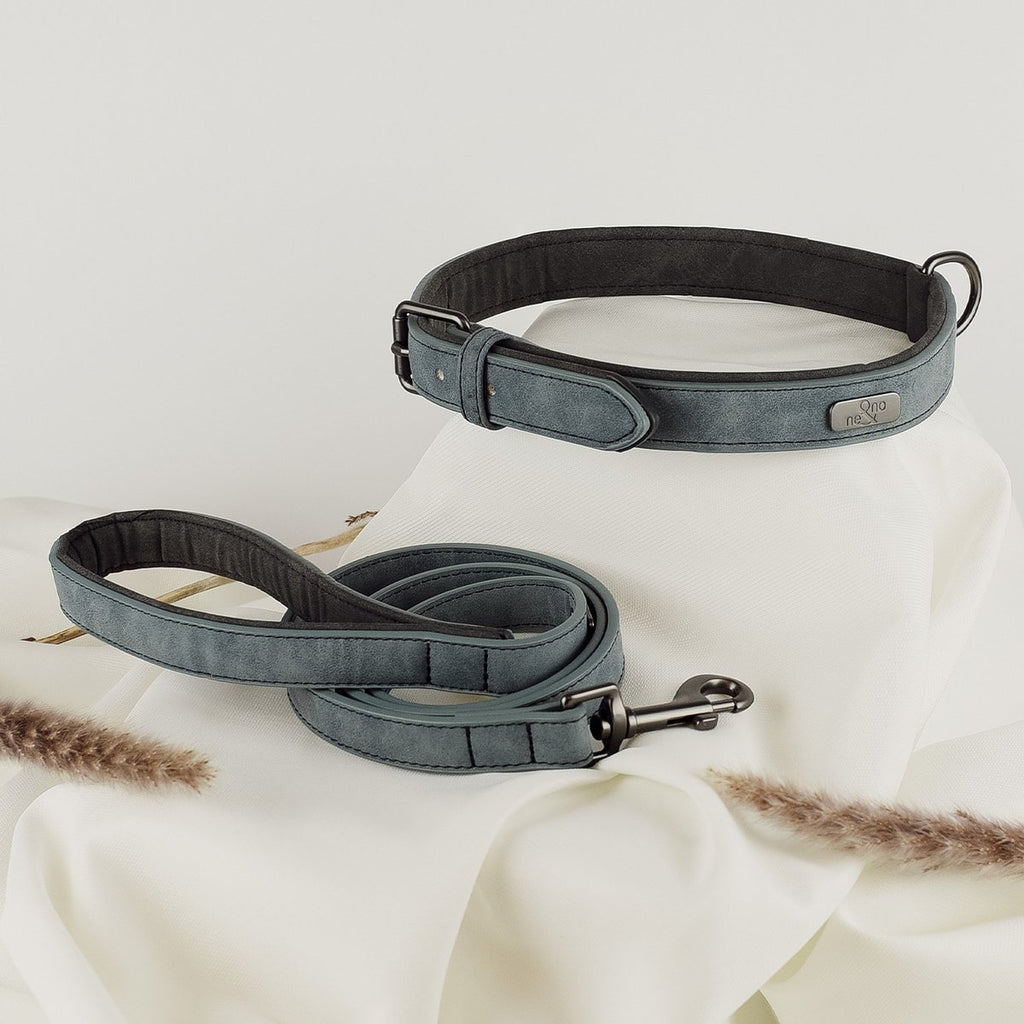 Hundehalsband- & Leinen-Set – Veganes Leder Blaugrau & Anthrazitgrau