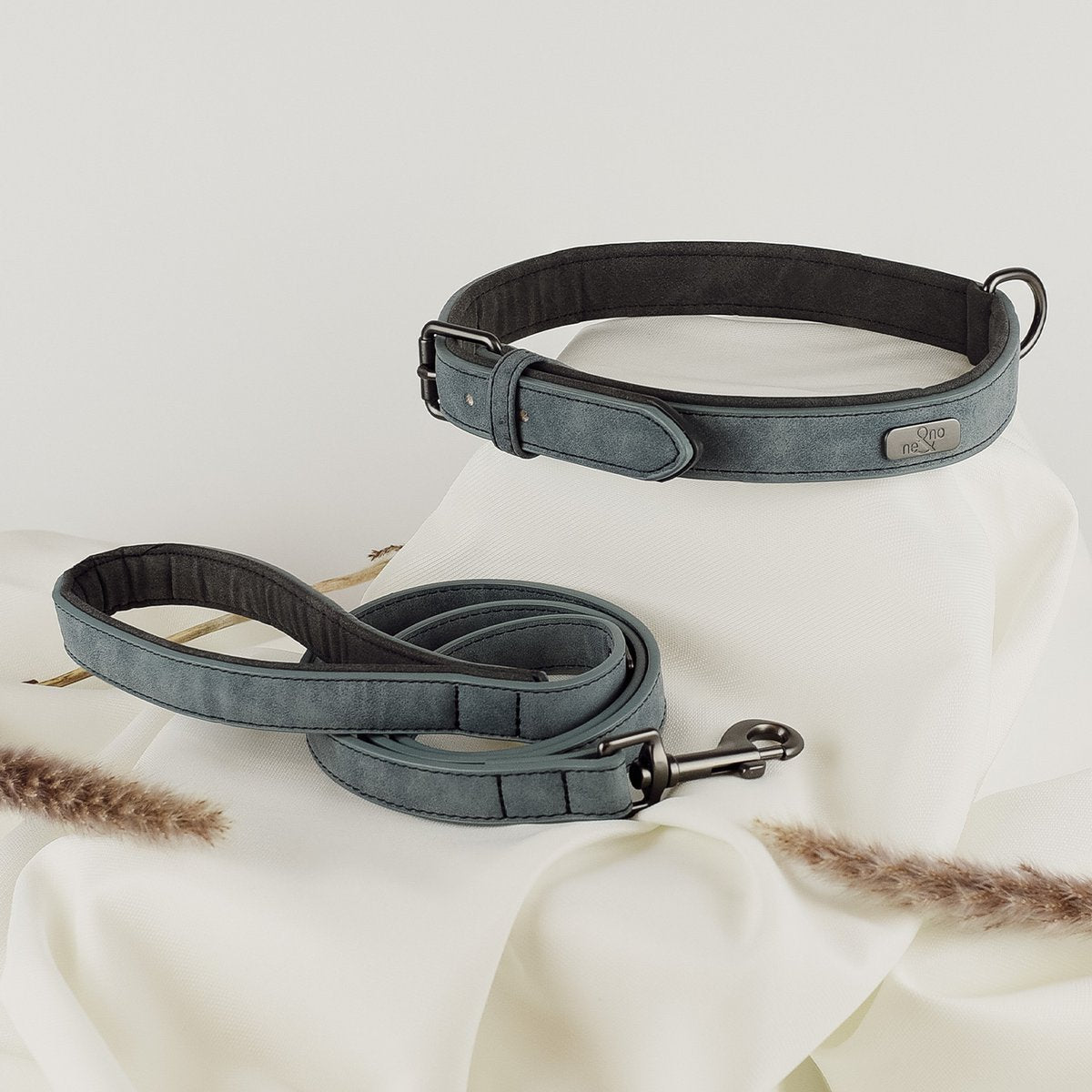 Hundehalsband- & Leinen-Set – Veganes Leder Blaugrau & Anthrazitgrau