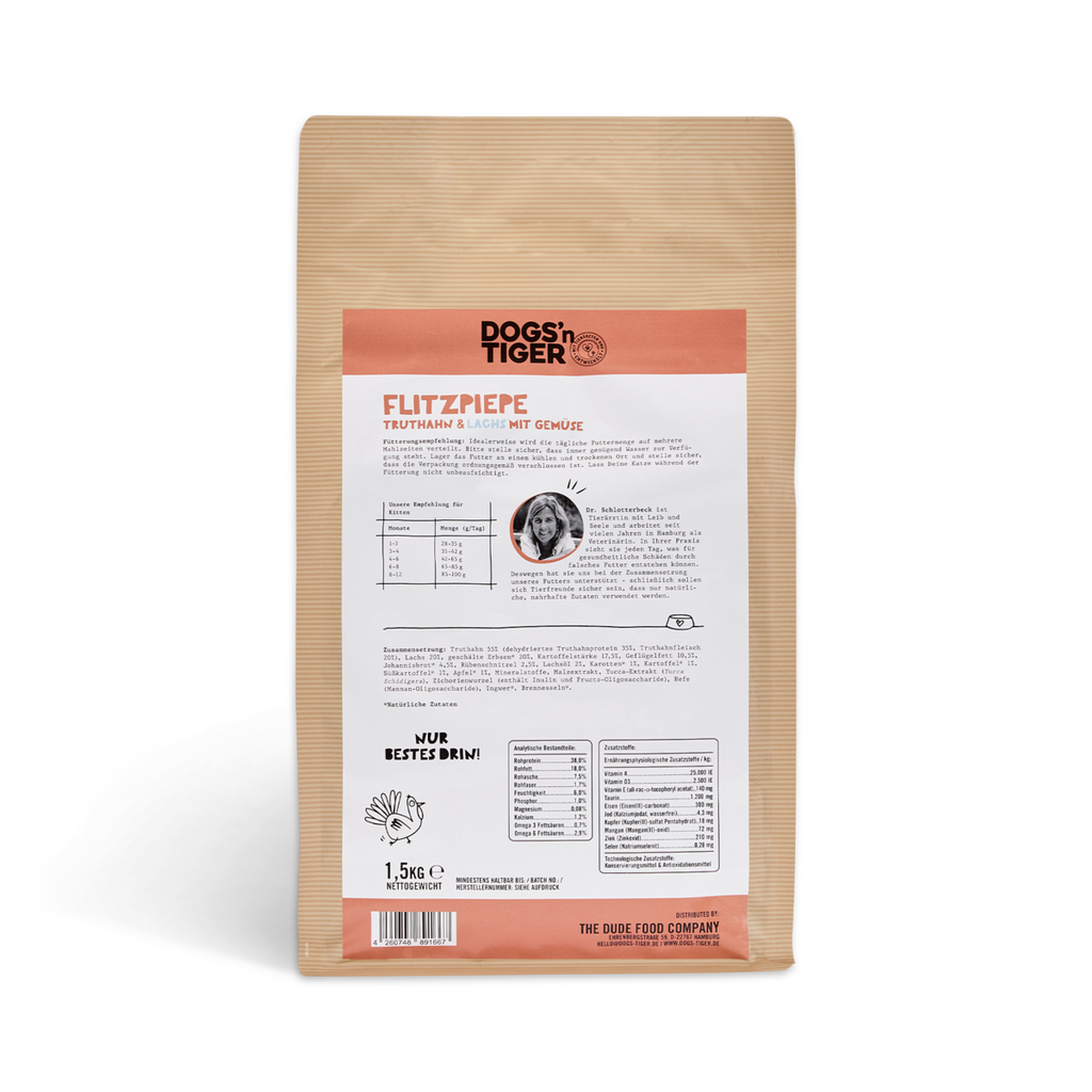 Dogs’n Tiger Junior Premium Katzenfutter, Flitzpiepe, Kitten Trockenfutter, Getreidefrei, Lachs & Truthahn