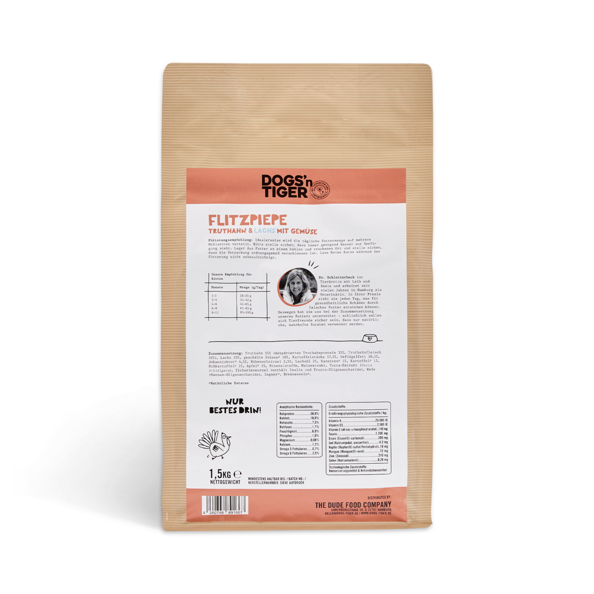 Dogs’n Tiger Junior Premium Katzenfutter, Flitzpiepe, Kitten Trockenfutter, Getreidefrei, Lachs & Truthahn