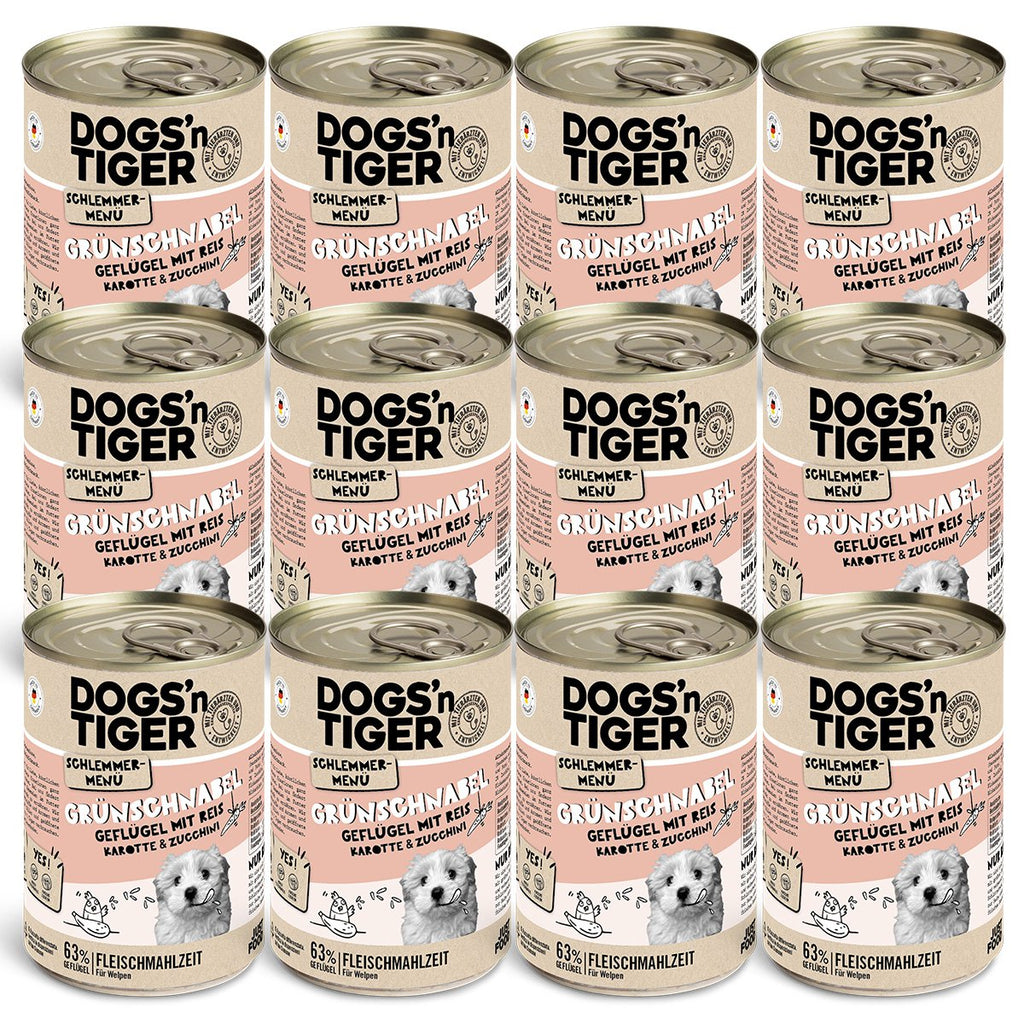 Dogs’n Tiger Junior, Hundefutter, Grünschnabel, Hunde Nassfutter, Welpen Futter, Geflügel, Getreidefrei, Naturreis, Karotte & Zucchini