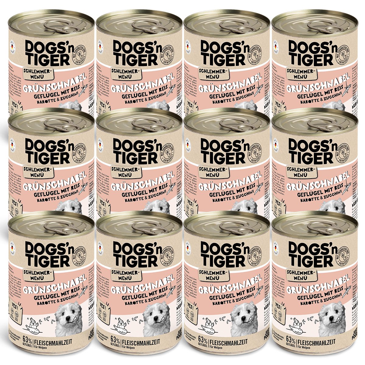Dogs’n Tiger Junior, Hundefutter, Grünschnabel, Hunde Nassfutter, Welpen Futter, Geflügel, Getreidefrei, Naturreis, Karotte & Zucchini