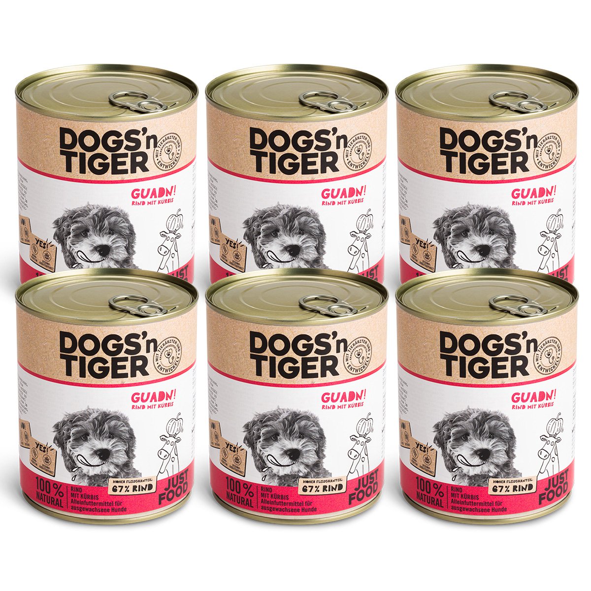 Dogs’n Tiger Adult Premium Hundefutter, Nassfutter, Getreidefrei, Guadn, Rind & Kürbis