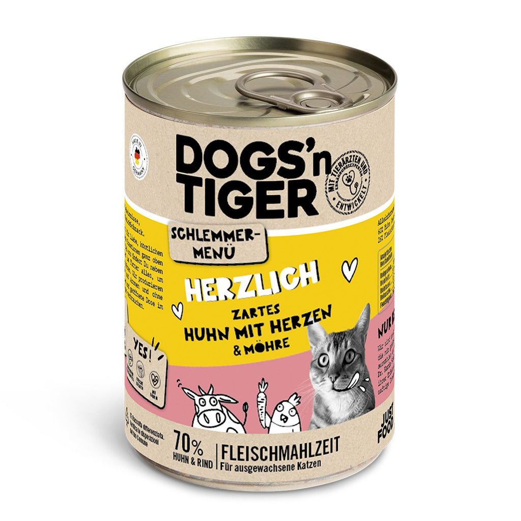 Dogs’n Tiger Adult, Katzenfutter, Herzlich, Katzen Nassfutter, Getreidefrei, Huhn, Rinderherzen & Karotte