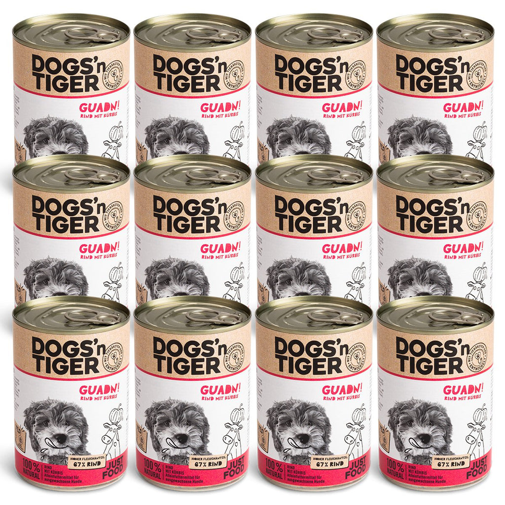 Dogs’n Tiger Adult Premium Hundefutter, Nassfutter, Getreidefrei, Guadn, Rind & Kürbis