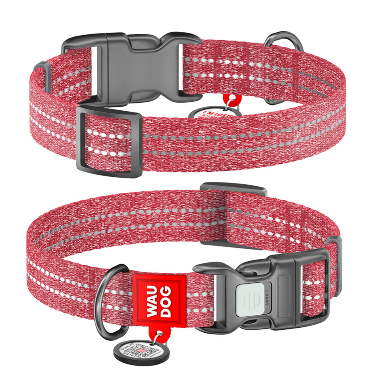 WAUDOG Re-cotton Reflective Dog Collar with QR Passport - Red