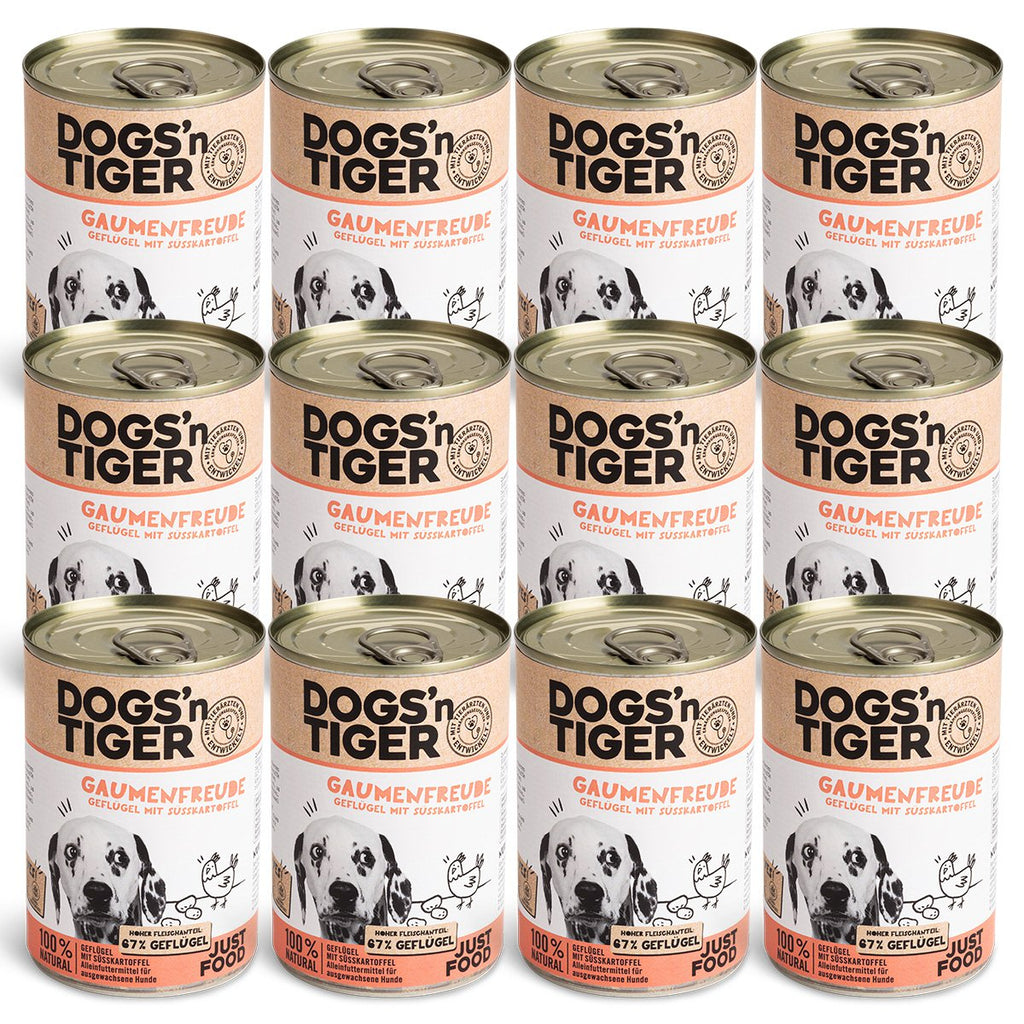Dogs’n Tiger Adult Premium Hundefutter, Nassfutter, Getreidefrei, Gaumenfreude, Geflügel & Süßkartoffel