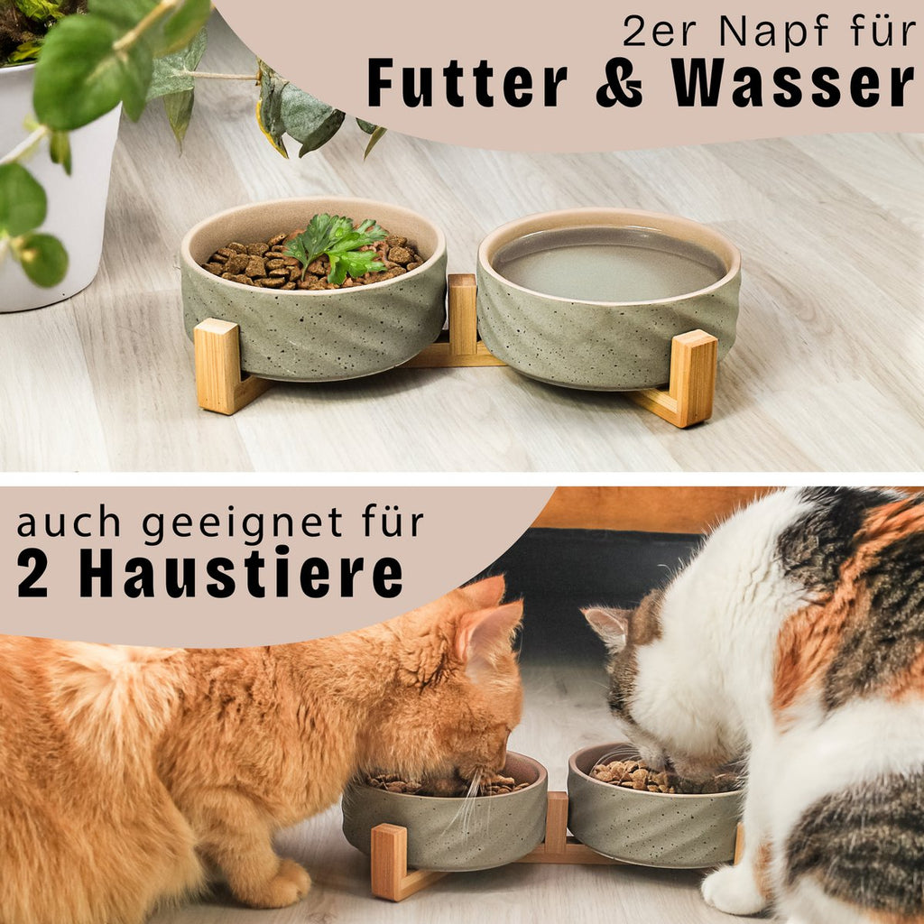 Ceramic double -food bowl with bamboo tap i 2er