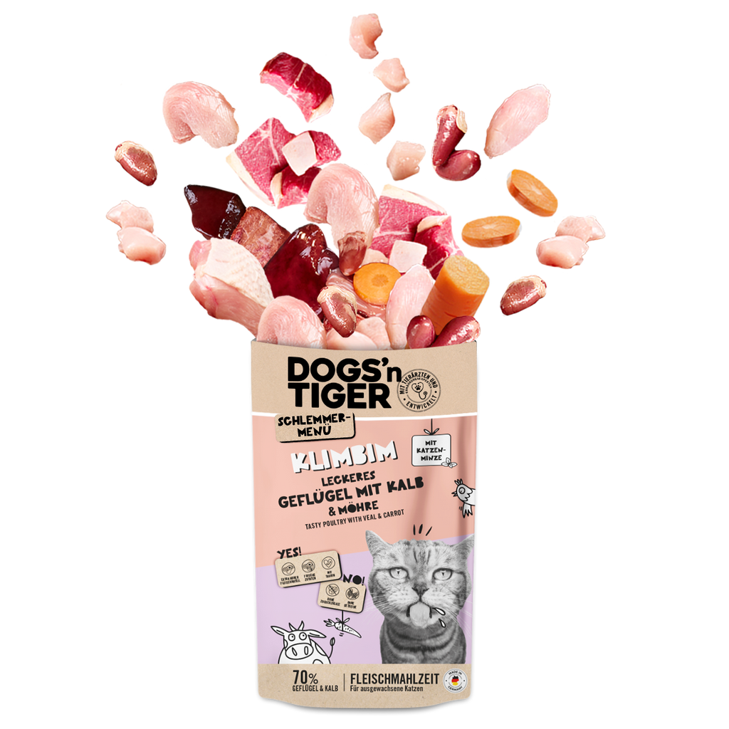 Adult Katzenfutter, Klimbim, Nassfutter für Katzen, Getreidefrei, Geflügel, Kalb mit Karotte
