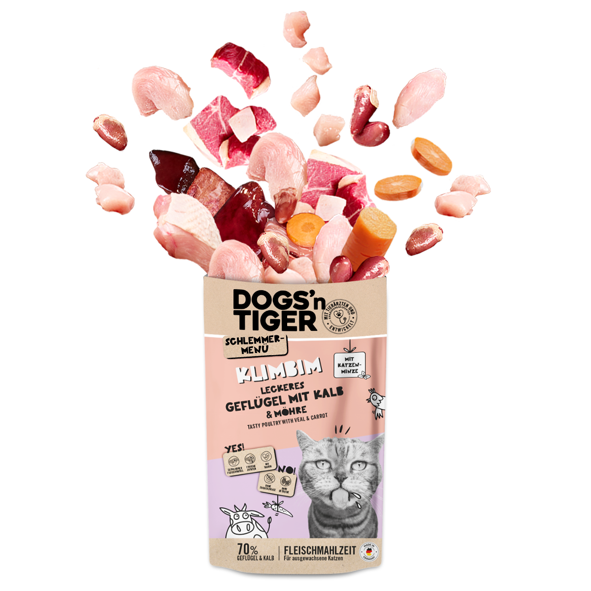 Adult Katzenfutter, Klimbim, Nassfutter für Katzen, Getreidefrei, Geflügel, Kalb mit Karotte