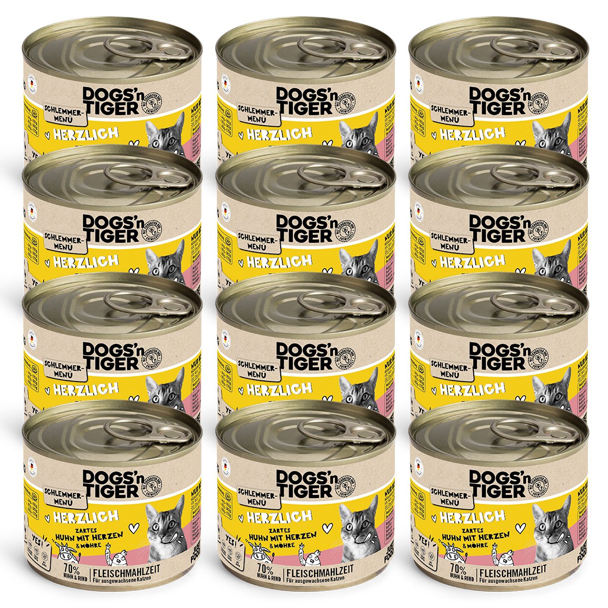Dogs’n Tiger Adult, Katzenfutter, Herzlich, Katzen Nassfutter, Getreidefrei, Huhn, Rinderherzen & Karotte