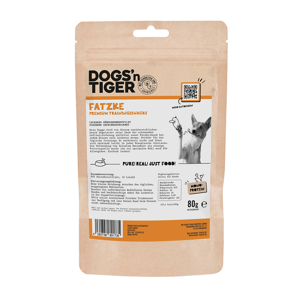 Hunde Snacks, Fatzke, Leckerlies, 99% gefriergetrocknetes Entenbrustfilet