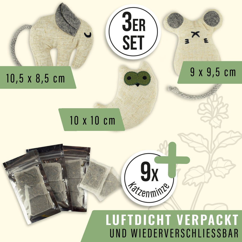 Juguetes para gatos con hierba gatera - Set rellenable (3 juguetes + 9 bolsas de hierba gatera)