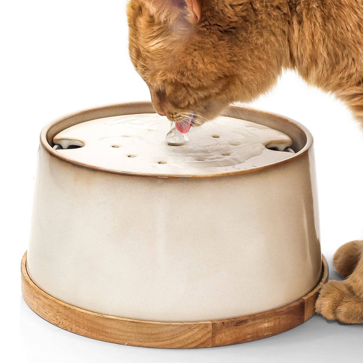 Ceramic drinking fountain for cats i bamboo base i induction
