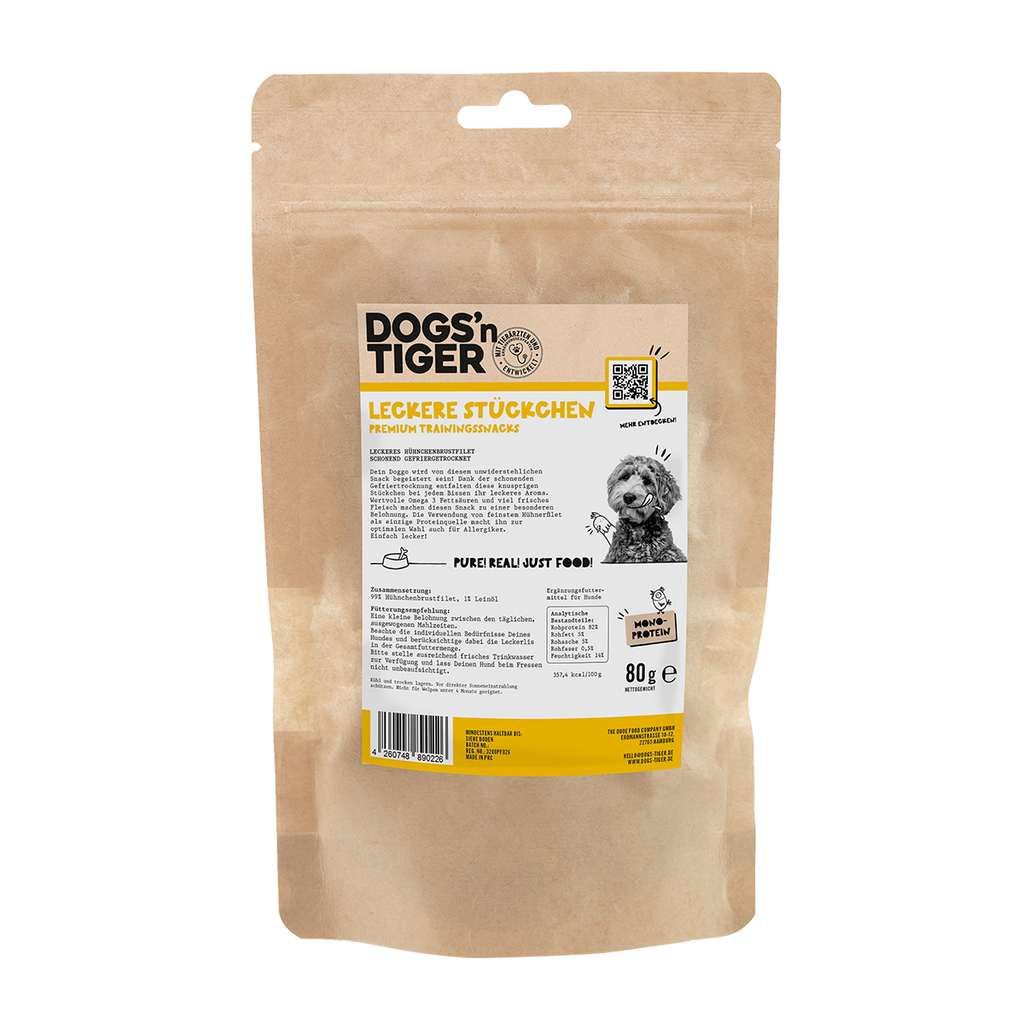 Hunde Snacks, Leckere Stückchen, Leckerlies, 99% gefriergetrocknetes Hühnchenbrustfilet