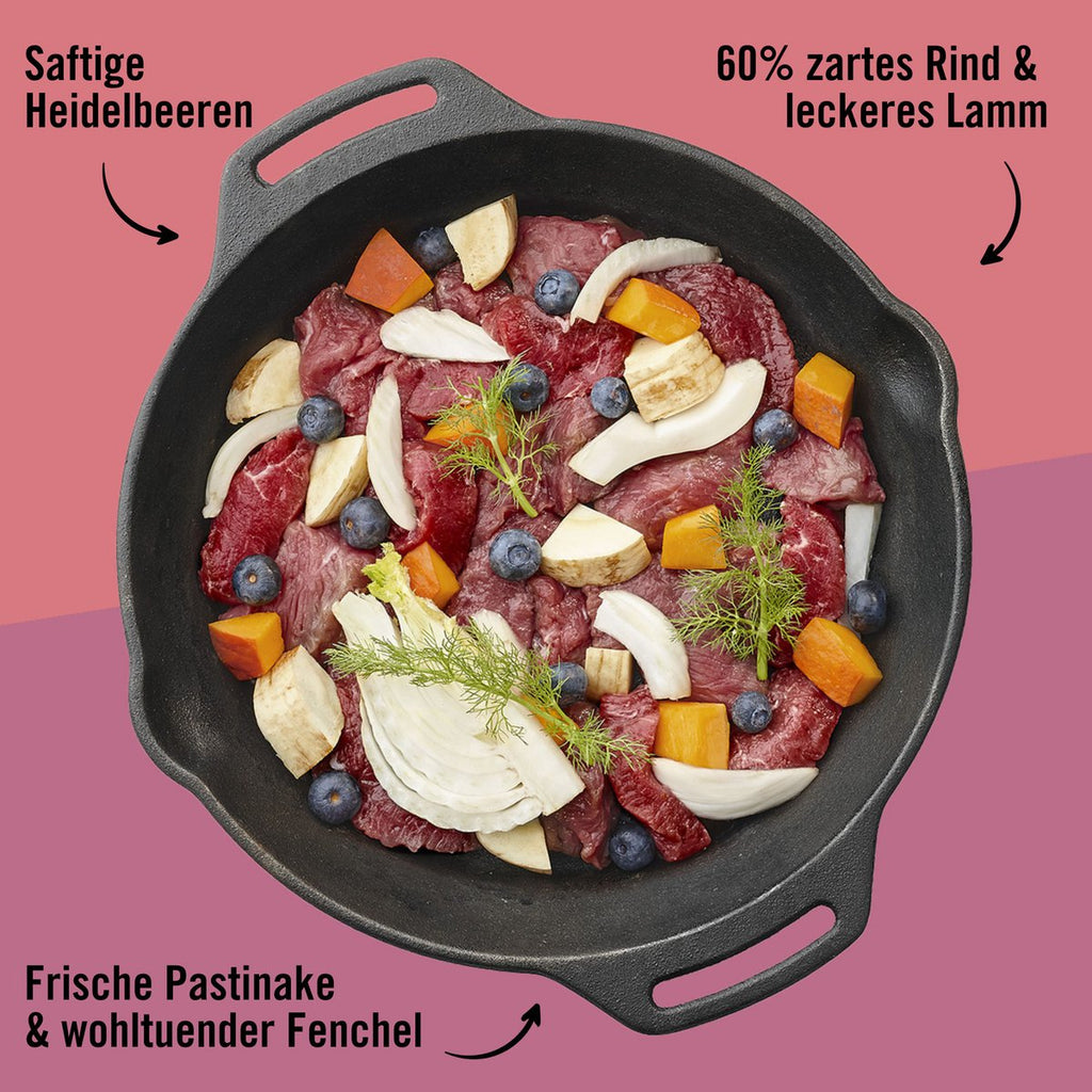 Comida húmeda para perros sin cereales – Carne de res, cordero, chirivía y arándanos