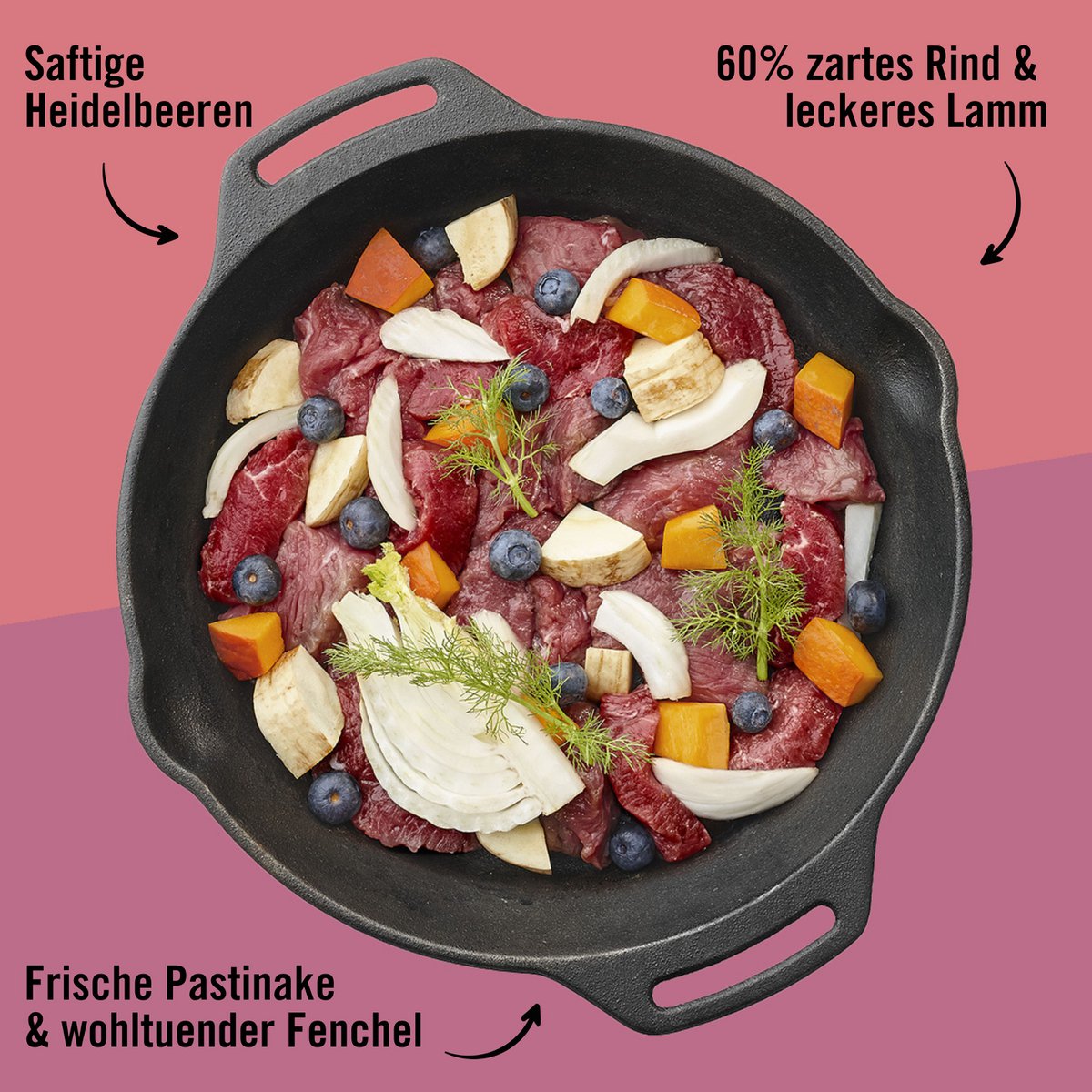 Comida húmeda para perros sin cereales – Carne de res, cordero, chirivía y arándanos