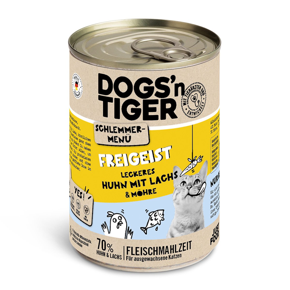 Dogs’n Tiger Adult, Katzenfutter, Freigeist, Katzen Nassfutter, Getreidefrei, Huhn, Lachs & Karotte