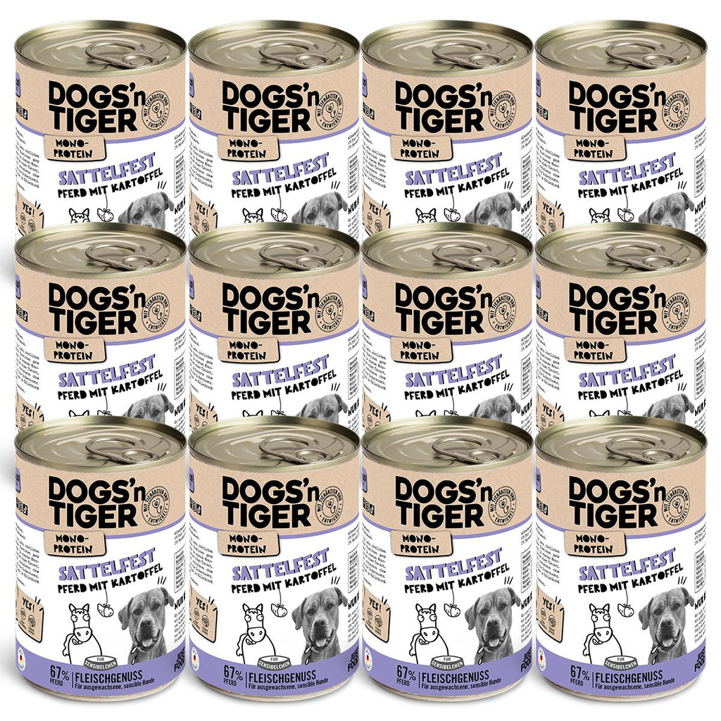 Dogs’n Tiger Adult Hundefutter, Nassfutter, Sattelfest, Getreidefrei, hypoallergen, Monoprotein, Pferd & Kartoffel