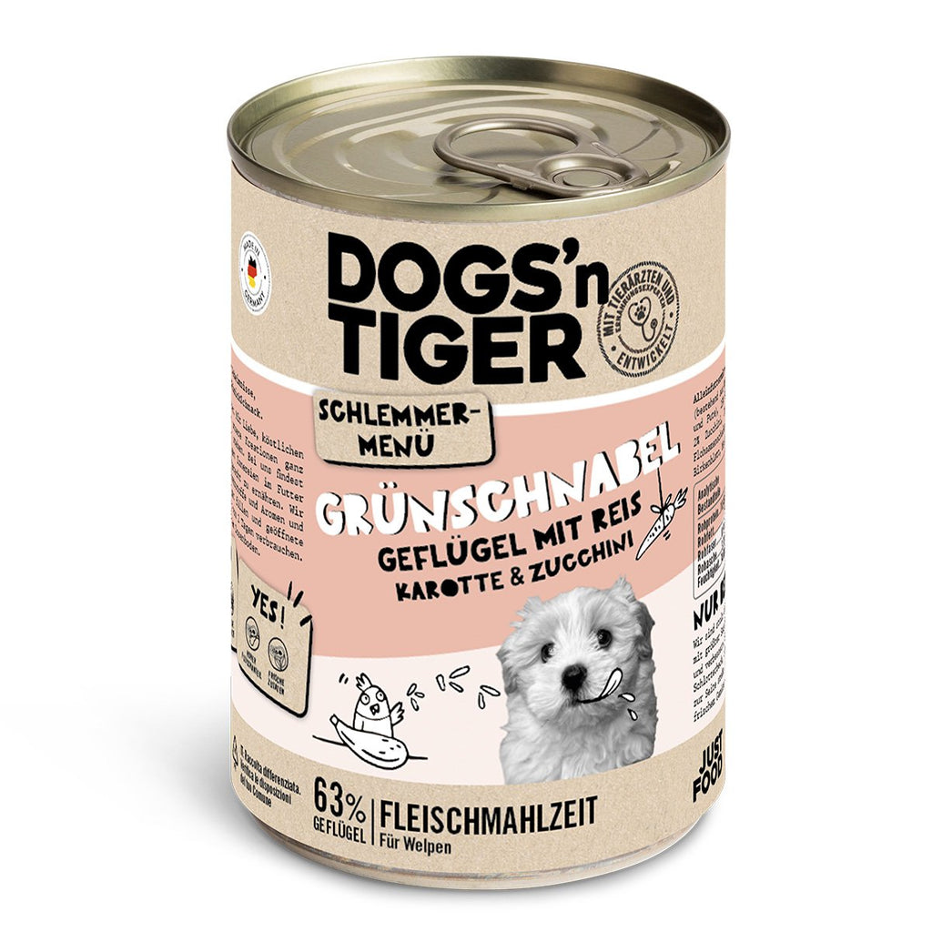 Dogs’n Tiger Junior, Hundefutter, Grünschnabel, Hunde Nassfutter, Welpen Futter, Geflügel, Getreidefrei, Naturreis, Karotte & Zucchini