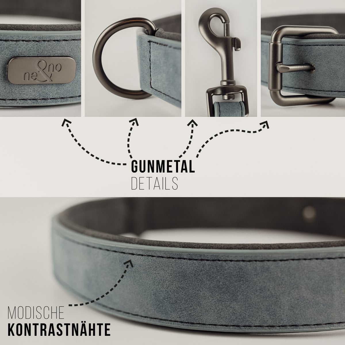 Hundehalsband- & Leinen-Set – Veganes Leder Blaugrau & Anthrazitgrau