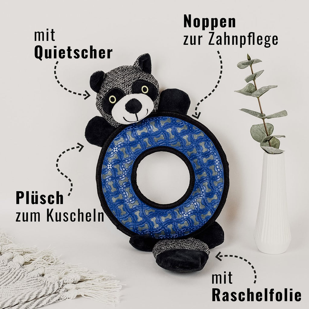 Hundeplüschspielzeug mit Quietscher & Kauelement – Waschbär