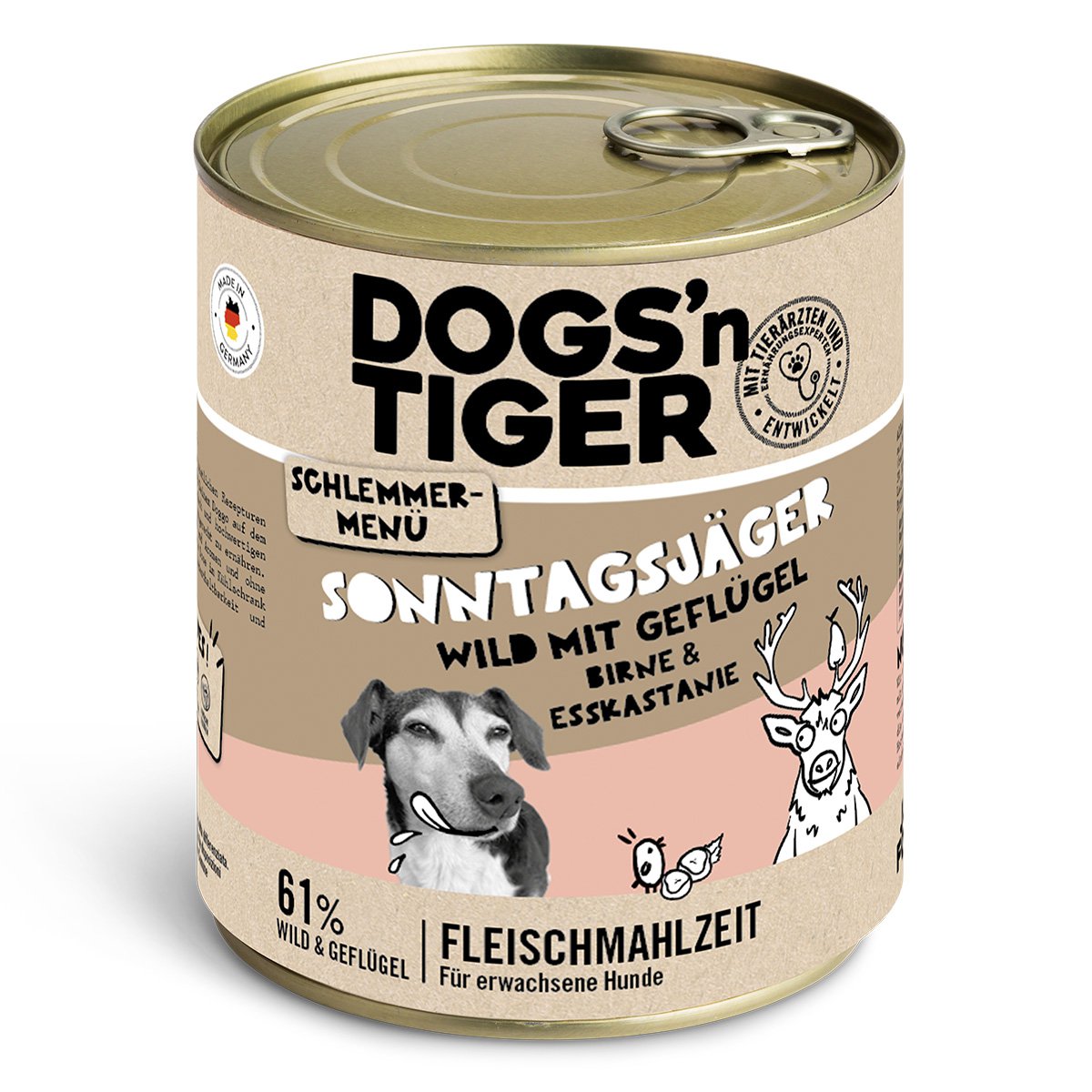 Dogs’n Tiger Adult Hundefutter, Sonntagsjäger, Hunde Nassfutter, Wild, Geflügel, Birne, Hirse & Karotte