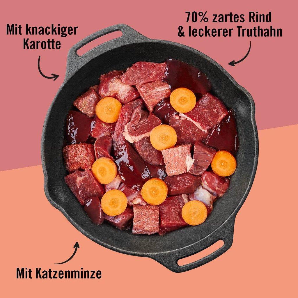 Adult Katzenfutter, Firlefanz, Nassfutter für Katzen, Getreidefrei, Rind mit Truthahn & Karotte