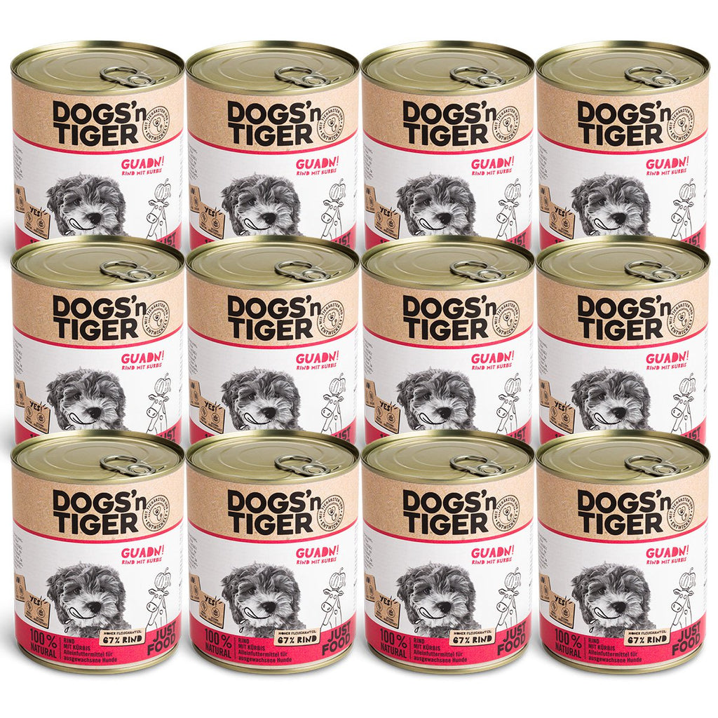 Dogs’n Tiger Adult Premium Hundefutter, Nassfutter, Getreidefrei, Guadn, Rind & Kürbis