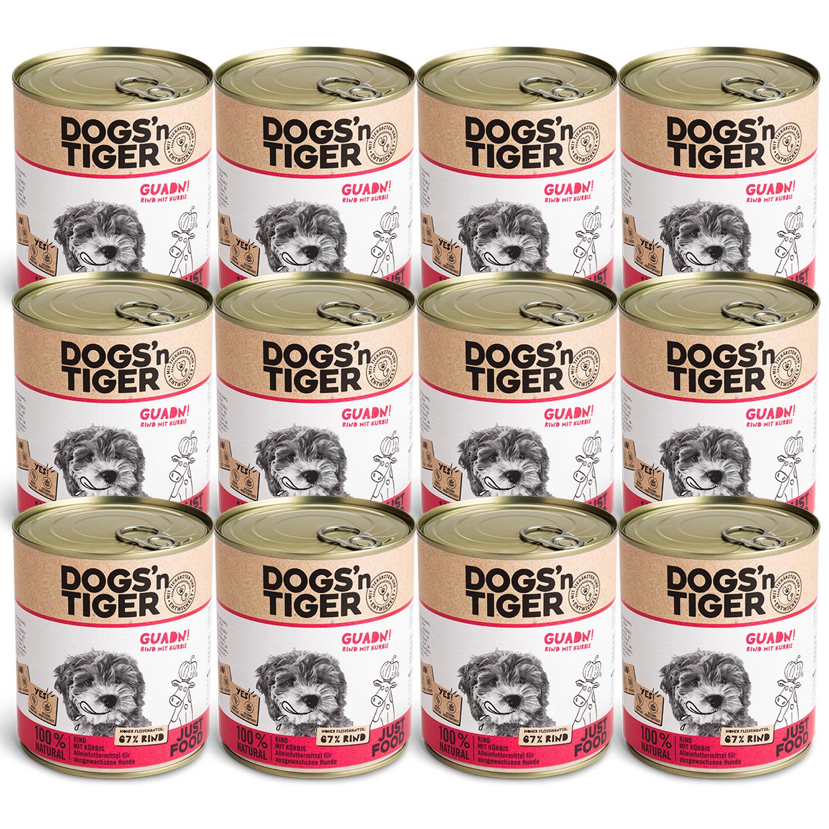 Dogs’n Tiger Adult Premium Hundefutter, Nassfutter, Getreidefrei, Guadn, Rind & Kürbis