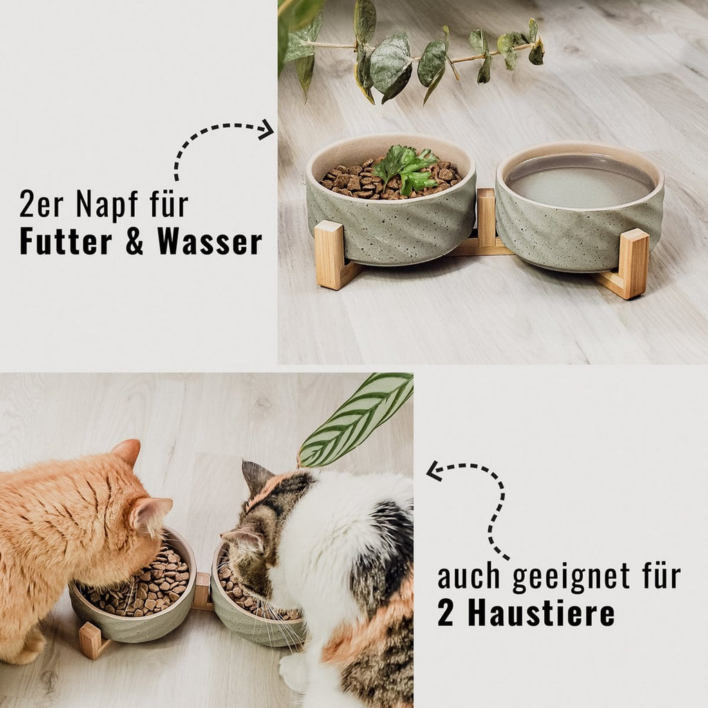 Ceramic double -food bowl with bamboo tap i 2er