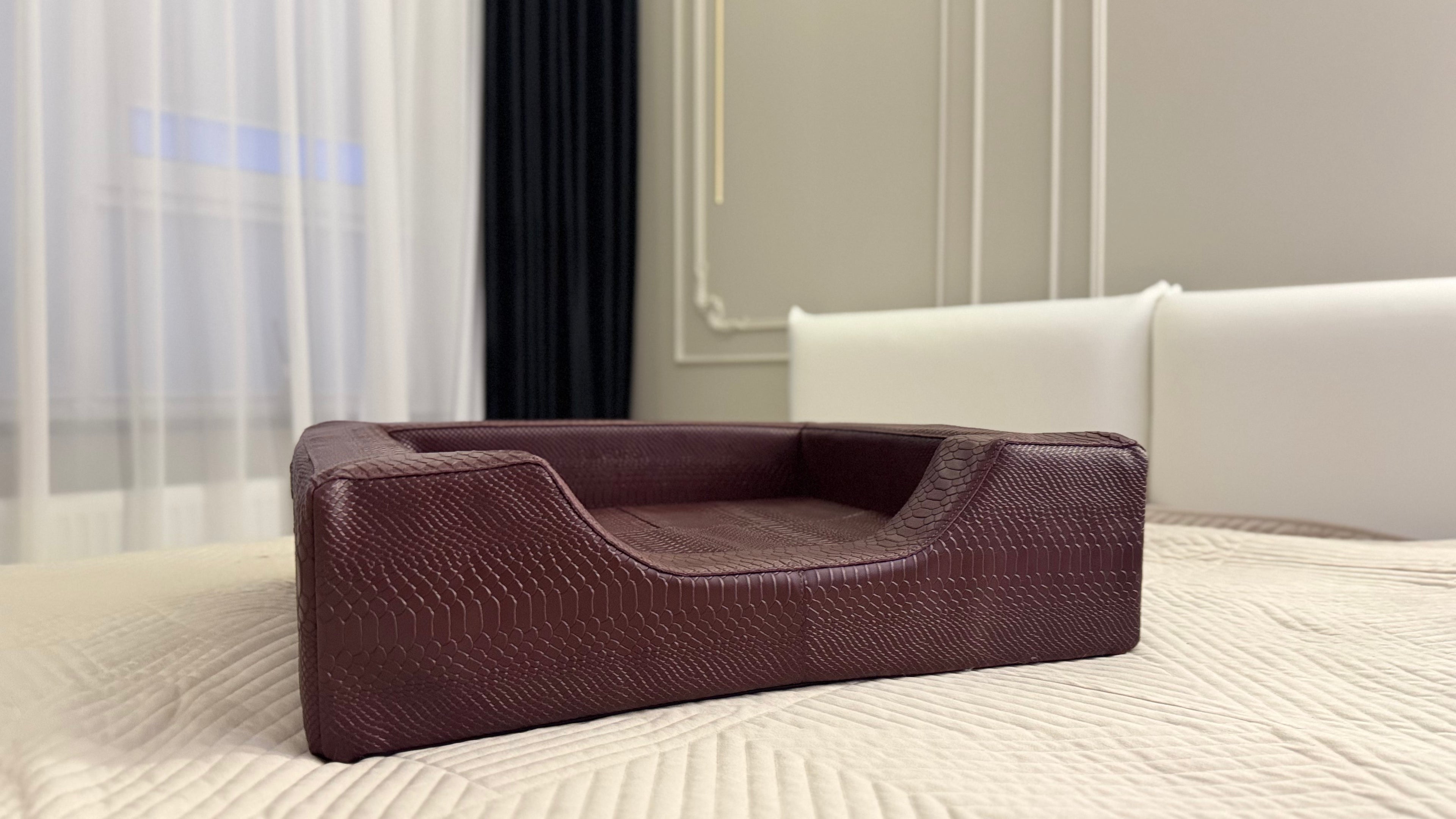Italian Leather Dog Bed with Python Embossing & Reversible Cushion