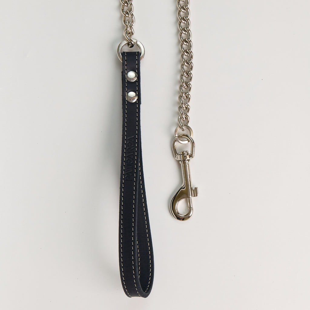 Blue Leather Chain Dog Leash - close-up product detail