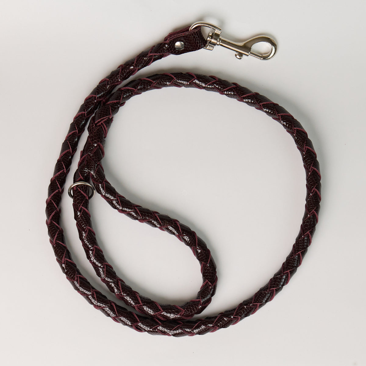 Anaconda Braided Round Leather Dog Leash - Burgundy