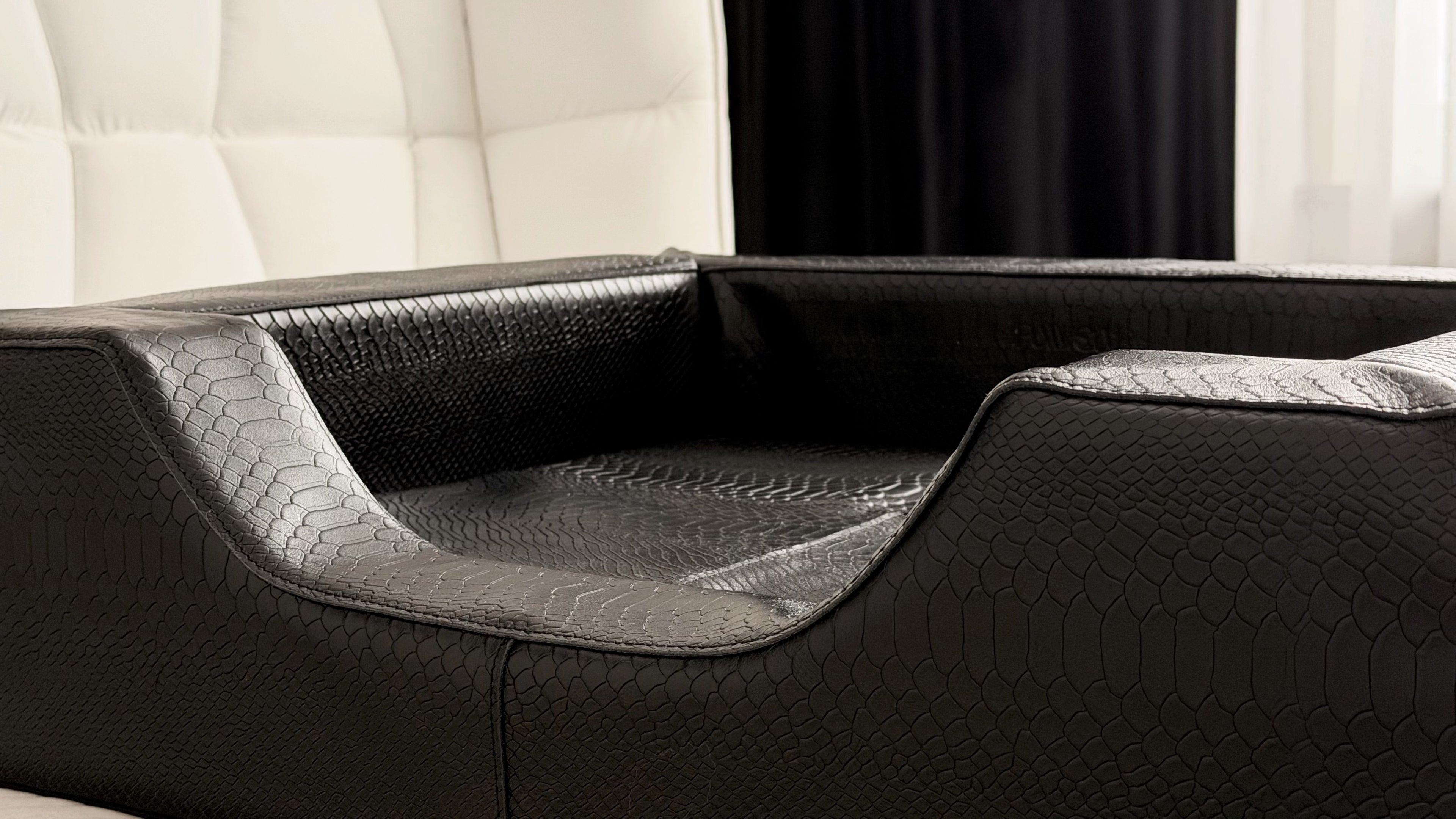 Italian Leather Dog Bed with Python Embossing & Reversible Cushion