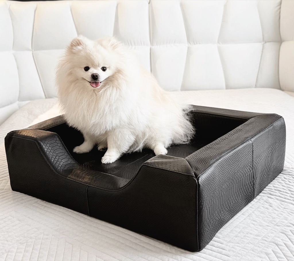 Italian Leather Dog Bed with Python Embossing & Reversible Cushion