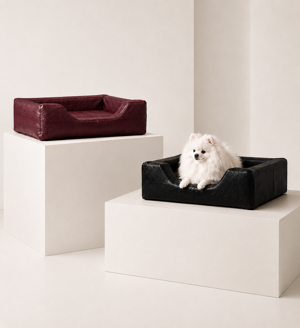 Italian Leather Dog Bed with Python Embossing & Reversible Cushion