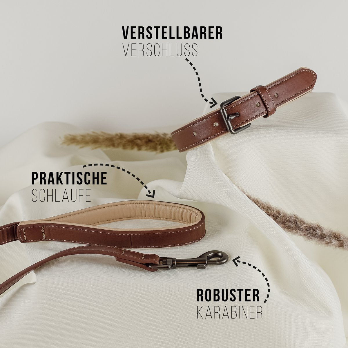 Hundehalsband- und Leinen-Set – Veganes Leder Braun & Beige