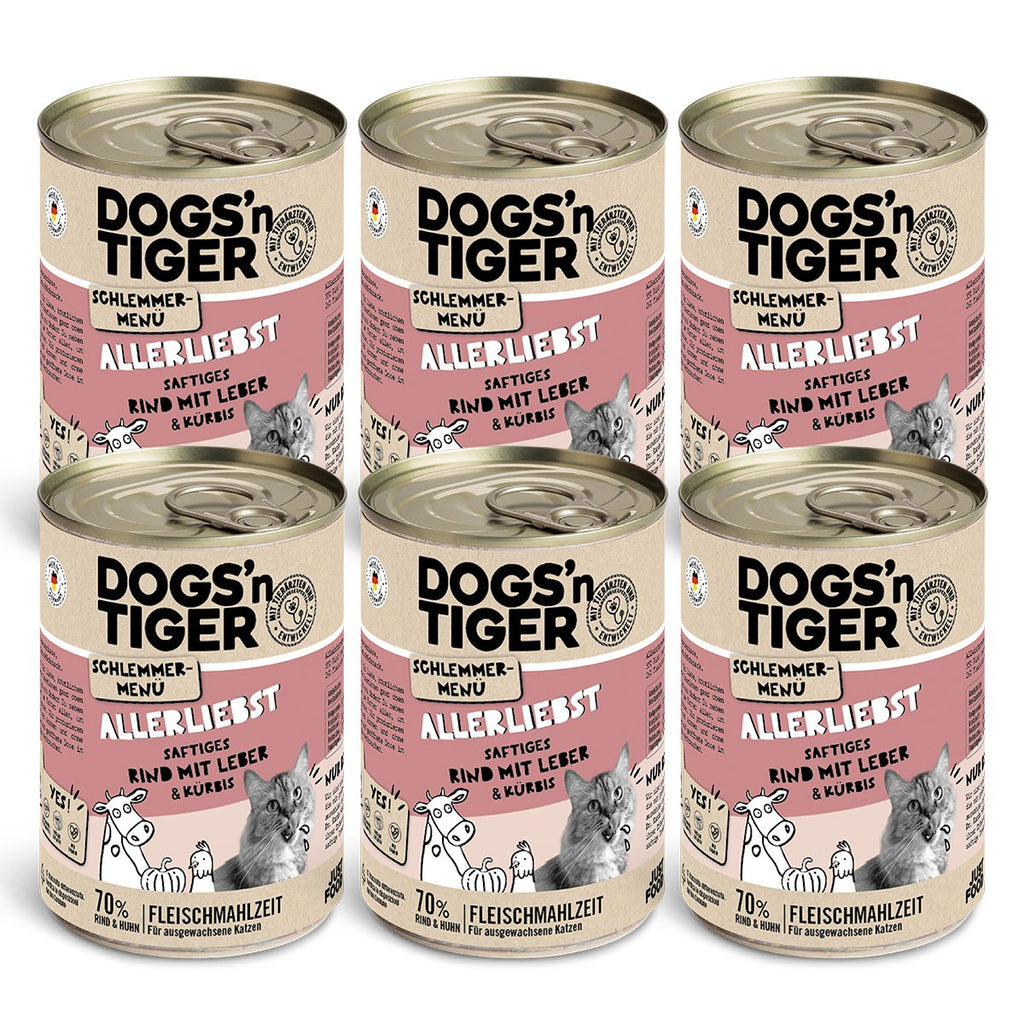 Dogs’n Tiger Adult Katzenfutter, Allerliebst, Nassfutter, Getreidefrei, Rind, Hühnerleber & Kürbis