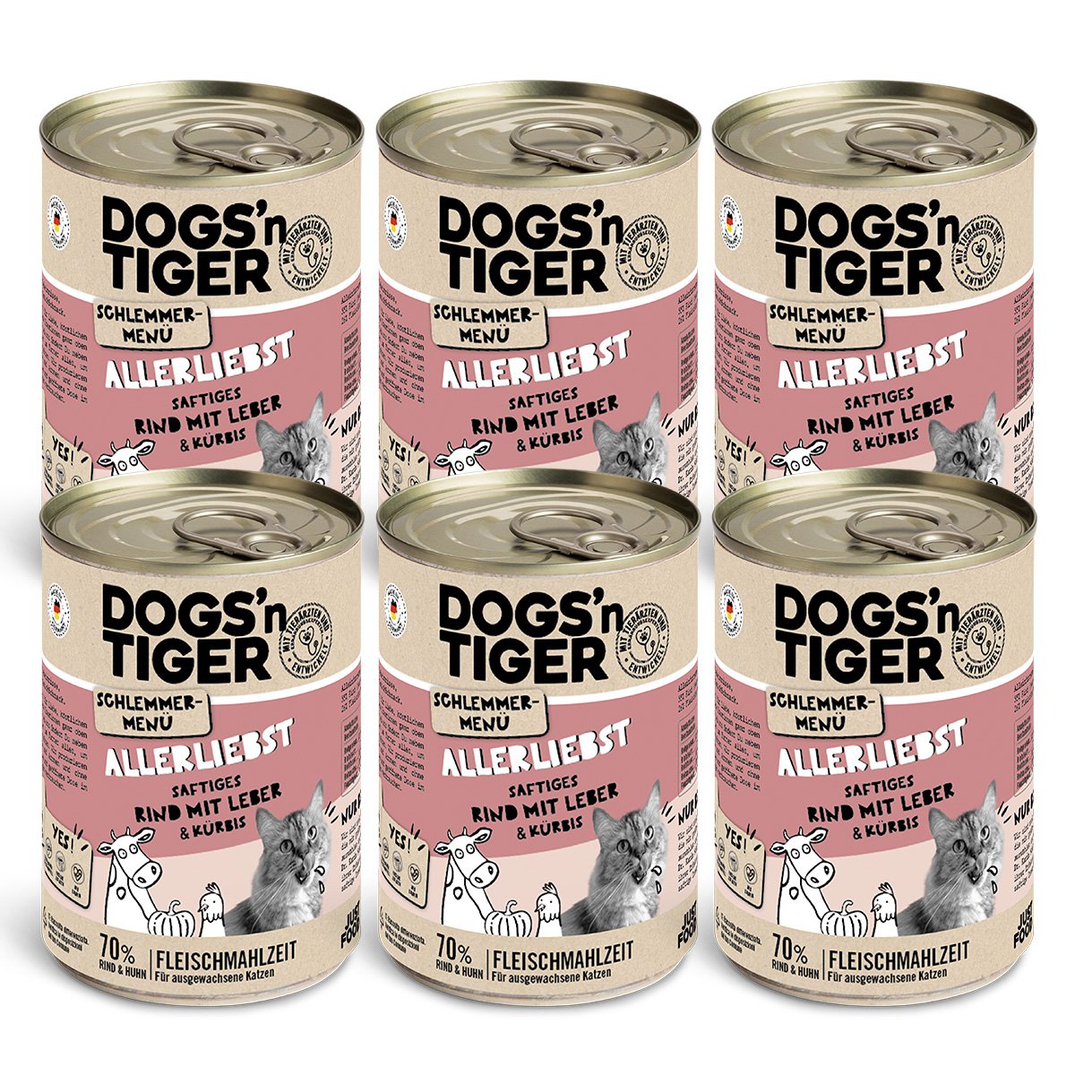 Dogs’n Tiger Adult Katzenfutter, Allerliebst, Nassfutter, Getreidefrei, Rind, Hühnerleber & Kürbis