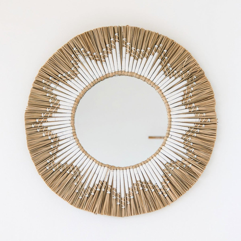 Espejo de pared redondo de hierba marina - Espejo colgante boho - Espejo de pared con flecos y patrón de algodón blanco (Ø 60 cm) RANDU