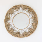 Espejo de pared redondo de hierba marina - Espejo colgante boho - Espejo de pared con flecos y patrón de algodón blanco (Ø 60 cm) RANDU