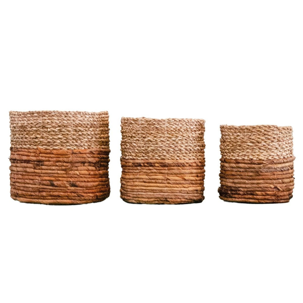 Kleiner zweifarbiger Seegras-Boho-Korb – runder Deko-, Pflanzen- & Aufbewahrungskorb
