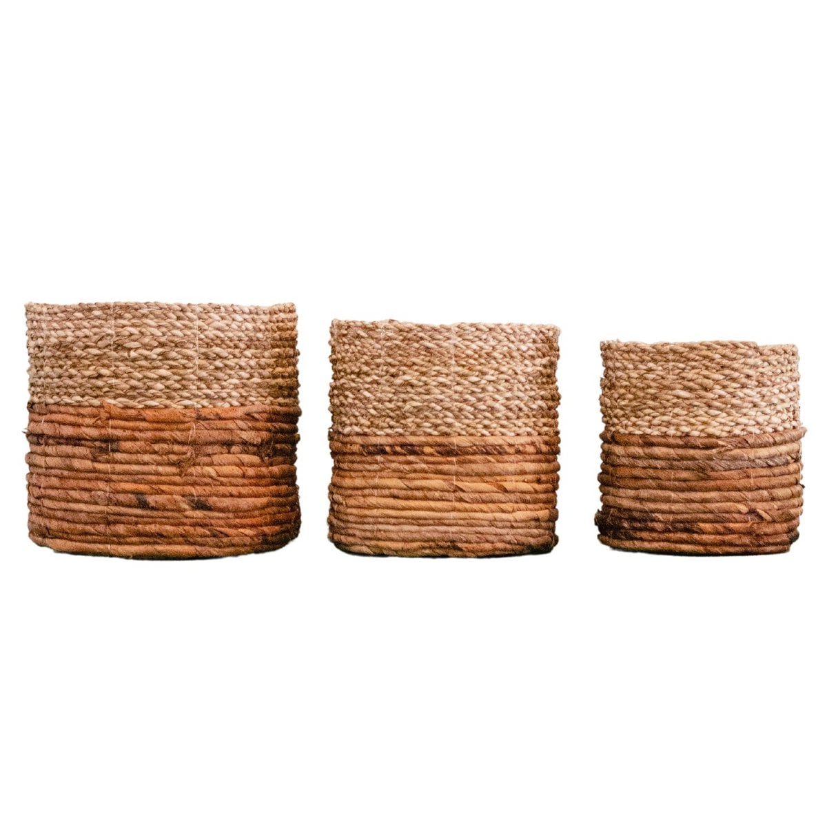 Kleiner zweifarbiger Seegras-Boho-Korb – runder Deko-, Pflanzen- & Aufbewahrungskorb