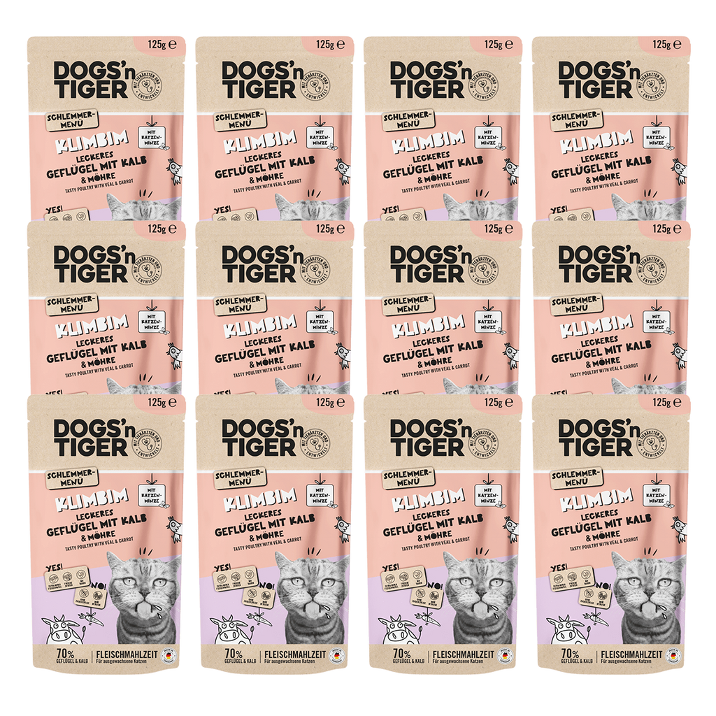 Adult Katzenfutter, Klimbim, Nassfutter für Katzen, Getreidefrei, Geflügel, Kalb mit Karotte