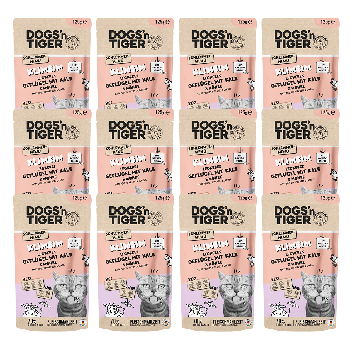 Adult Katzenfutter, Klimbim, Nassfutter für Katzen, Getreidefrei, Geflügel, Kalb mit Karotte