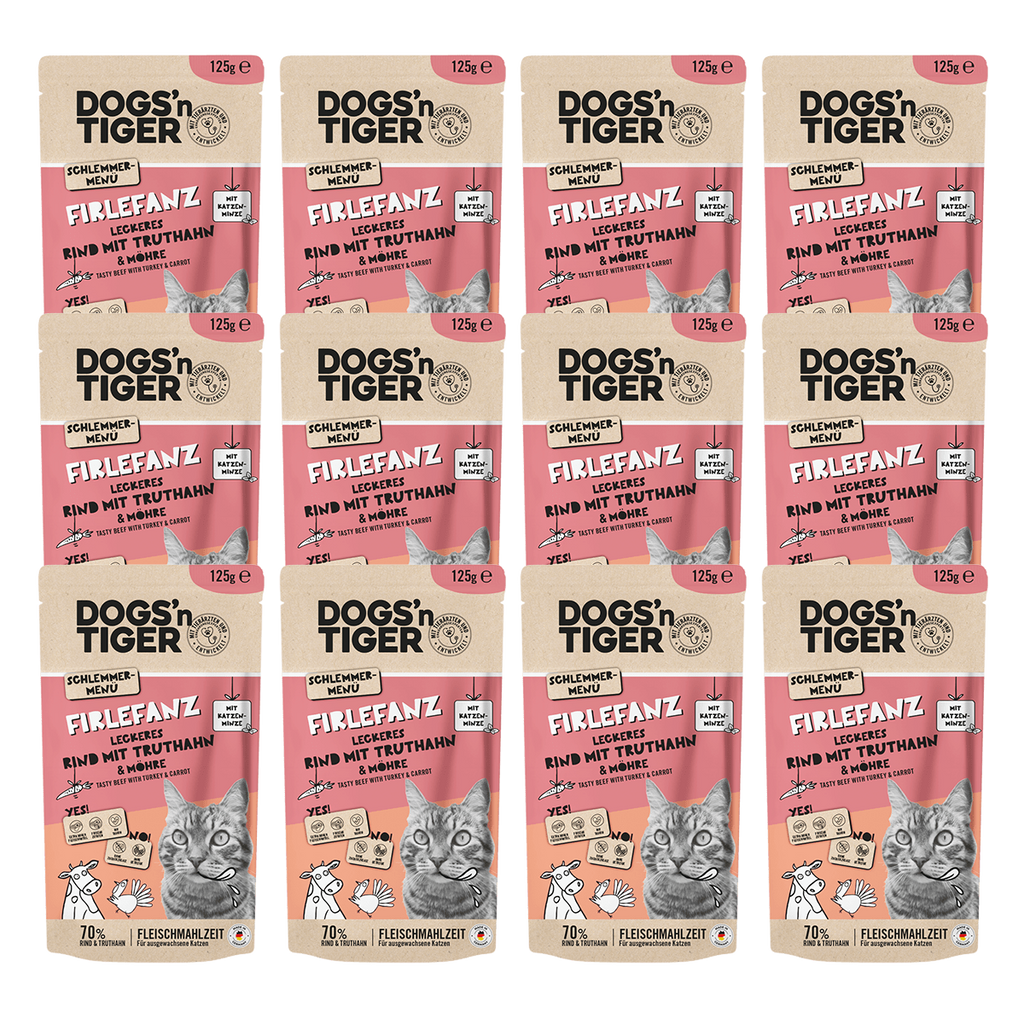 Adult Katzenfutter, Firlefanz, Nassfutter für Katzen, Getreidefrei, Rind mit Truthahn & Karotte
