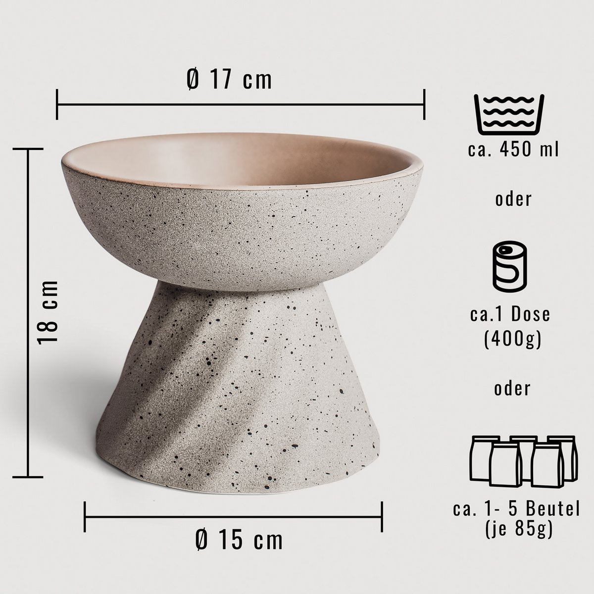 Increased ceramic food bowl for cats in stone optics