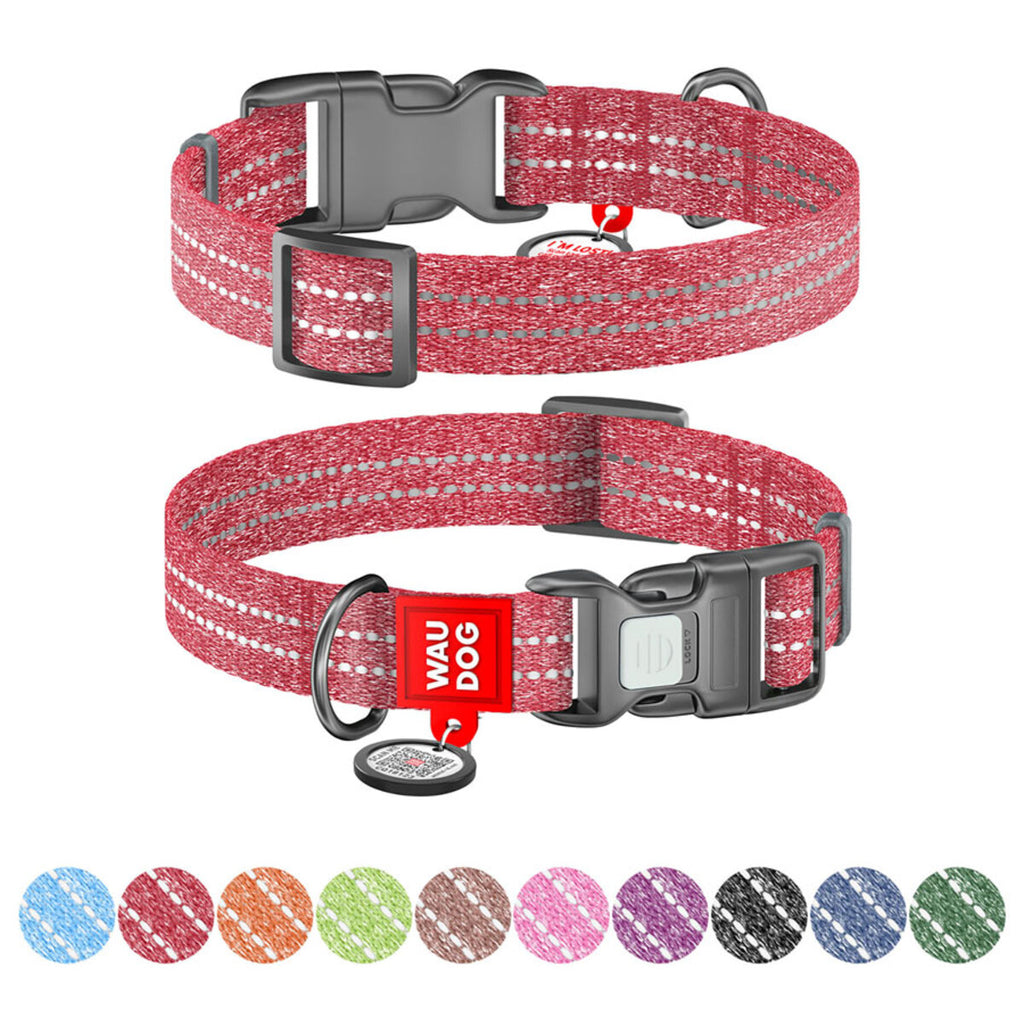 WAUDOG Re-cotton Reflective Dog Collar with QR Passport - Red