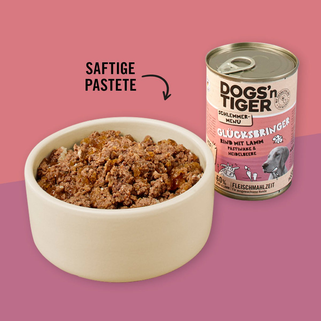 Comida húmeda para perros sin cereales – Carne de res, cordero, chirivía y arándanos